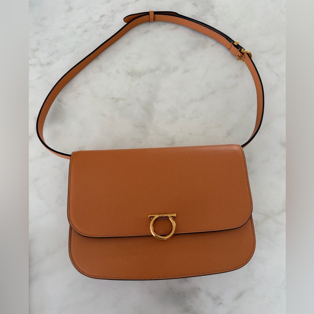 Salvatore Ferragamo Cognac Leather Crossbody with Gold Gancini